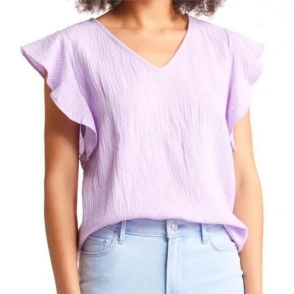 Nordstrom V-Neck Ruffle Sleeve Gauze Top Lavender Purple Size Large 2022 Caslon - Picture 1 of 6